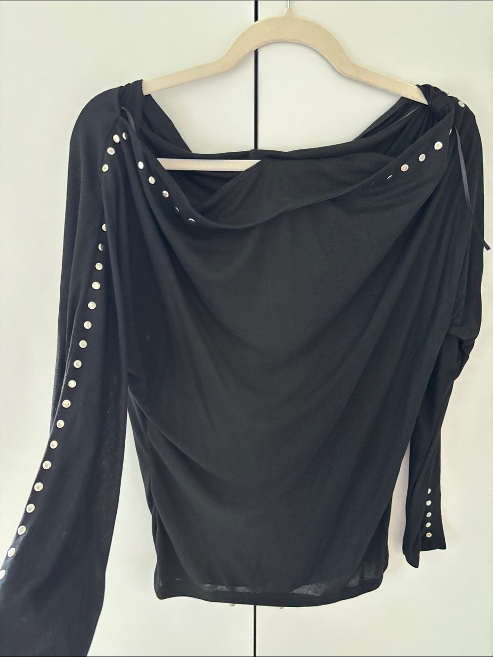 Zara Black Long-Sleeve Draped Top with Silver Studs